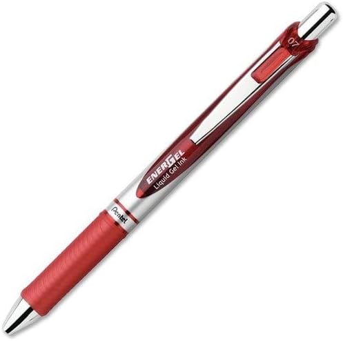 Pentel EnerGel Retractable Liquid Gel Pens, Medium Point, 0.7 mm, Silver Barrel, Red Ink, Pack of 12