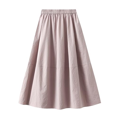 Womens Pleated Midi Skirt Elastic High Waist A-Line Skirts Loose Fit Casual Skirt with Pockets for Porm Party Club