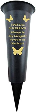 Special Verse Graveside Memorial Grave Spiked Flower Vase (Husband, 1 Pack), Black & Gold