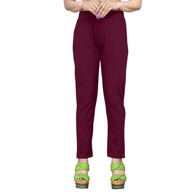 Image of Women's Solid Cotton Lycra Pants-High Waist Slim Fit Stretchable Leggings - Comfortable Long Trousers for Casual, Office & Everyday Wear