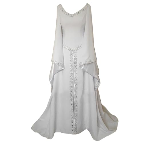 Disfraz Medieval para Mujer Vestido Manga Larga Bordado Renacentista Cosplay Blanco S