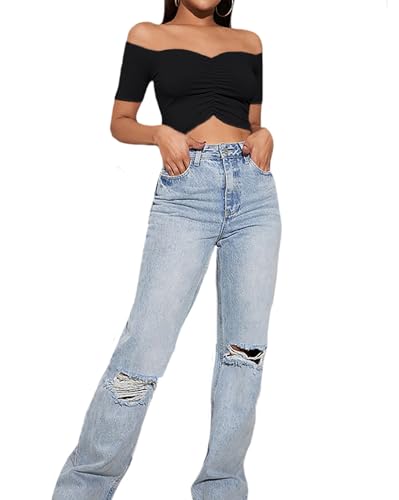 LYANER Women's Off Shoulder Ruched Short Sleeve Rib Knit Sexy Crop Top Blouse3