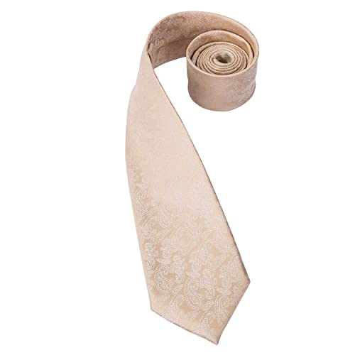 Hi-Tie Champagne Khaki Tie Paisley Silk Mens Neckties With Pocket Square Cufflinks For Wedding Business Party #TOP5