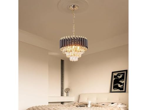 Image of Modern 3-Tiers Crystal Pendant Light Black Gold Round Ceiling Light Fixture (Antique, 300mm), 3 Colors Led Plate Included Warm White, Natural Light, Chandelier Light (L-30*B-30*H-70 Cm) A