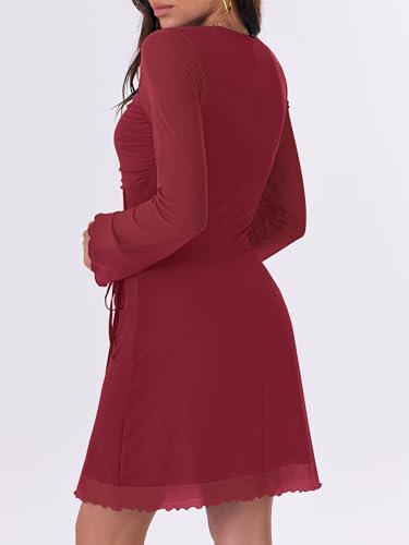 Image of Caracilia Womens Sexy Mesh Ruched Mini Dresses Long Sleeve Square Neck Tie Fall Club Party Cocktail Short Dress 2026 Fashion