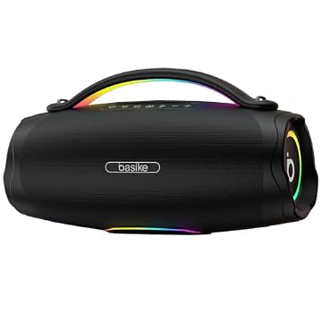 Caixa de Som Bluetooth Portátil 100W, Basike Boombox V98 com Powerbank, Bluetooth 5.3, IPX6 À Prova D'água e Resistente À Poeira, Luz RGB Surround, Tecnologia TWS, 8h de Autonomia, EQ/USB/TF/AUX