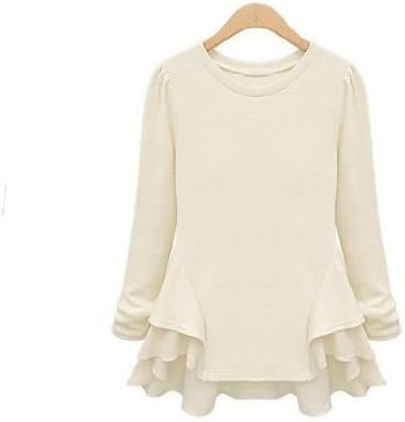 Aokin Women Scoop Neck Long Sleeve Tunics with Unbalanced Hem Blouse Tee Top (S, Beige)