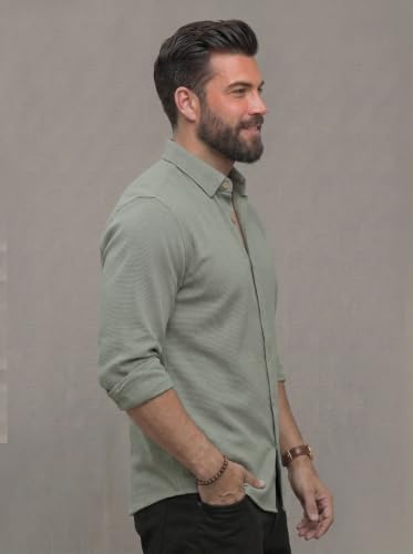 Image of NexaFlair Men's Regular Fit Solid Pattern Laffer Cotton Shirt with Long Sleeve Collared Neck Standard Length and Button Down Closure Type | Mens Casual Shirts | Man's Formal Shirts