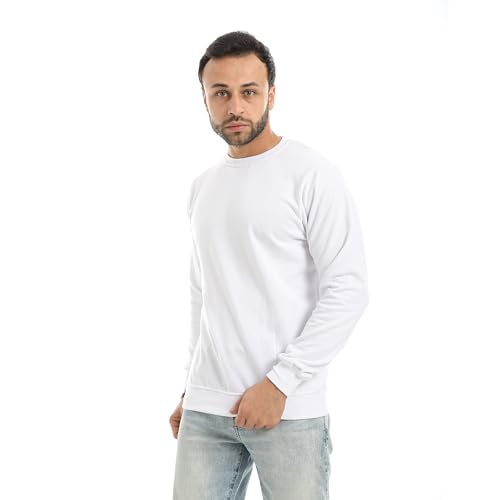 Andora Basic Plain Round Collar White Sweatshirt-White-XL