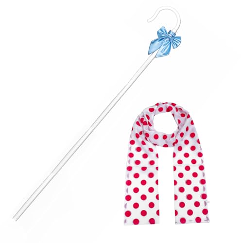 Xnetsby Shepherd Staff and Pink Spotted Scarf Noveltied White Hook Canes with Pink Spotted Scarf for Women Girls Halloween Party Dress Up