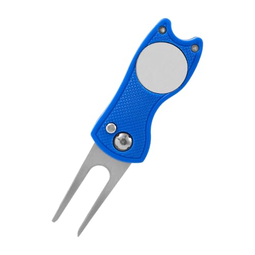 Golf Divot Repair Tool, Stainless Steel Divot Repair Tool Foldable Pop-up Divot Turf Fork Golf Metal Putting Fork Golf Turf Fork Ball Marker Divot Tool for Golf Lover (Blue)