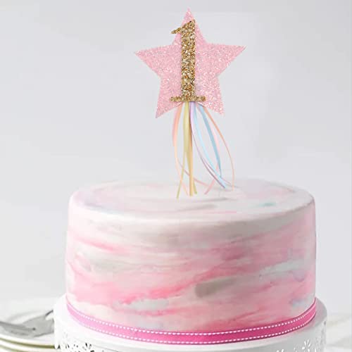 Glitter Star Rainbow Ribbon Cake Topper - First Birthday Pastel Rainbow And Unicorn Cake Topper，Rainbow Theme，Shooting Star,Girl Birthday Cake Decorations, 1St Birthday Pink Little Princess #TOP4
