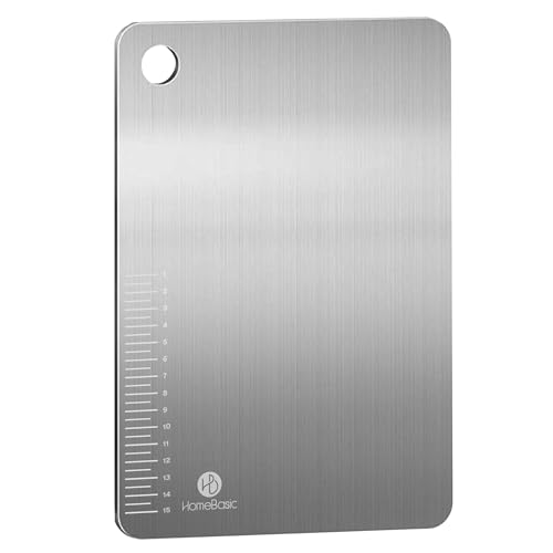 Image of HomeBasic Stainless Steel Chopping Board 36.5 x 28.5 cm | 304 Food Grade SS Cutting Board | Built-in 15 cm Ruler | Rust Resistant, Non-Porous | Vegetables, Meat, Fish & Dough | Hanging Hole