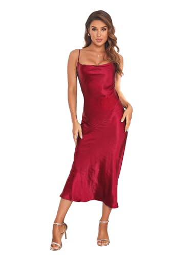 Women's Spaghetti Strap Midi Satin Silk Dresses Slip Cowl Neck Party Cocktail Evening Dress Wine Red