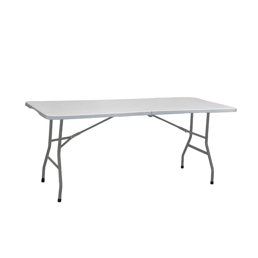 Mesa Plegable 180 cm Blanca con Asa, Mesa Jardín de Resina y Acero, Mesa Catering Portátil Multiusos para Camping, Picnic, Eventos, Terraza e Interior 180x70x74 cm