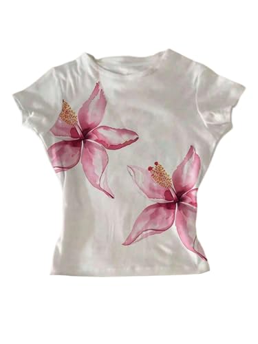 Milumia Girl's Floral Printed Short Sleeve T Shirts Y2k Crop Top Preppy Clothes Pink and White 11 Years