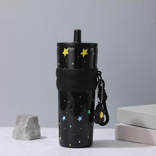 ストロー付きタンブラー 蓋付き 316ステンレスボトル ストローホールプラグ自動反発 錆びに 強い頑丈 優質 広口 洗いやすい 真空断熱 水筒 大容量 710ml 車用 トレーニング用 アウトドア 釣り 遠足 登山 キャンプ オフィス 実用 (黒い星)