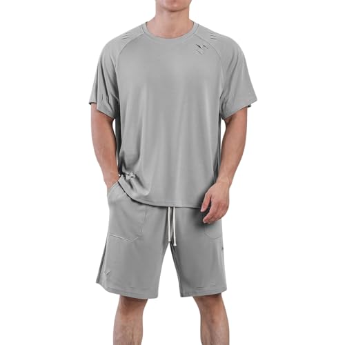 SMUXP Conjunto de 2 piezas de pantalones cortos para hombre, camisetas de entrenamiento de manga corta raglán y pantalones cortos deportivos con cordón, pantalones deportivos desgastados y rasgados,