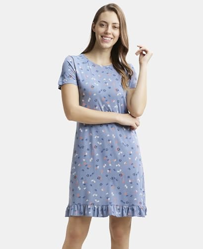Image of Jockey RX25 Women Micro Modal Cotton Ruffled Hem Styled Half Sleeve Printed Sleep Dress (Colors & Prints May Vary)