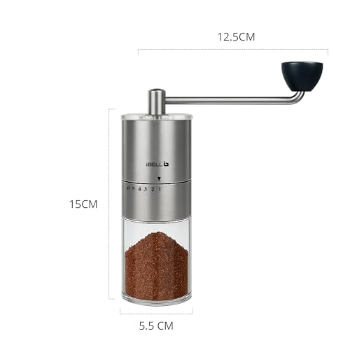 Image of IBELL GRINDX6 Manual Coffee Grinder with Glass Jar, 6 Adjustable Settings, Stainless Steel, Detachable Handle, Ceramic Conical Burrs, Whole Beans, Drip Coffee, Espresso (Silver)