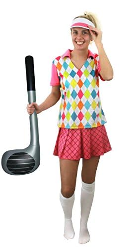 Ladies Golf Costume Fancy Dress - Medium - Pink Top With Argyll Style Pattern + Skirt + Visor + Inflatable Golf Club - Womens Hen Night Pub Crawl Fancy Dress Costume