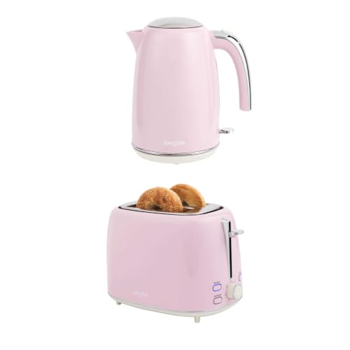 Image of Salter Pink Retro Breakfast Collection, 3000 W 1.7 L Rapid Boil Kettle with 360° Swivel Base, 930 W 2 Slice Toaster with 7 Browning Levels, Defrost & Reheat Functions