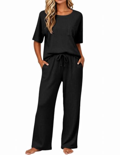 Image of JiniGolla Womens Pajama Sets Waffle Knit Short Sleeve Shirt with Long Pajama Pants Soft Sleepwear Pj Lounge Sets