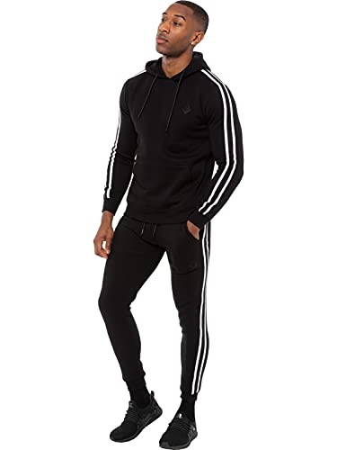 Enzo Mens Full Tracksuit Set Striped Pullover Hoodie Casual Hoody Top Fleece Joggers Gym Jogging Bottoms (Black, L, l)