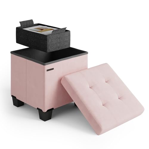 Storage Ottoman Cube with Small Bin, 15-in Square Ottoman with Storage for Living Room and Bedroom, Small Ottomans Foot Rest, Leather Foot Stools Ottomans Max 330lbs, Pink