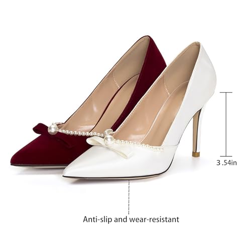 Women's Satin Pearl Pointy Toe Stiletto Bridal Pumps Elegant Bow Slip On Fashion High Heeled Backless Dress Shoes for Wedding Party Prom4