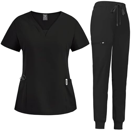 niaahinn Scrub Suit Set for Women Modern V-neck Top & Tapered Leg Jogger Pants with Drawstring Medical Nursing Uniforms Set