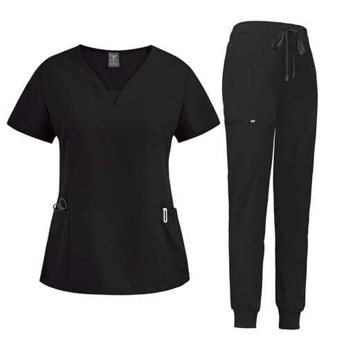 niaahinn Scrub Suit Set for Women Modern V-neck Top & Tapered Leg Jogger Pants with Drawstring Medical Nursing Uniforms Set (Black, S)