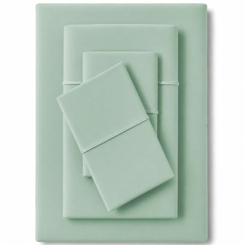 Image of Feather & Stitch 500 TC Split King Size Sheet Set, 5 Piece Bed Sheets Set-2 Twin Fitted Sheet, 1 King Flat Sheet & 2 King Pillowcases, 18 inch Deep Pockets Sateen Weave Solid Bedsheet - (Soft Sage)