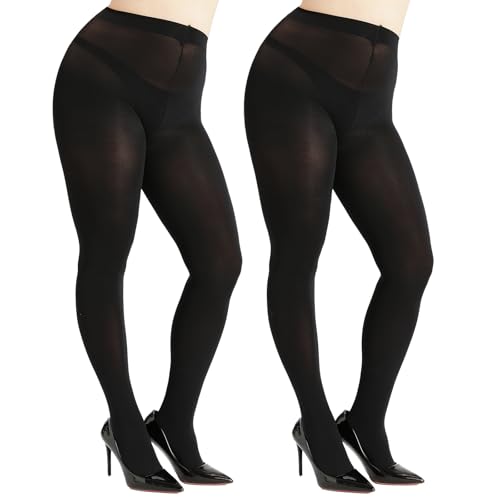 G&Y 2 Pairs Womens Plus Size Tights Semi Opaque - 60D Control Top Pantyhose with Reinforced Toes(Black 2XL)