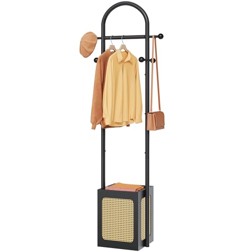 Tajsoon Coat Rack Stand with Wooden Base, Coat Tree Rattan Design, Coat Hanger Stand with 6 Hooks, Small Clothes Rack for Living Room, Bedroom, Office, Black