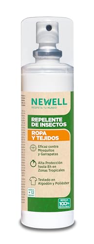 NEWELL Repelente de Insectos para Ropa y Tejidos | Protección 8h contra Mosquitos y Garrapatas | Hasta 30 días de duración | Testado en Algodón y Poliéster | Sin Permetrina | Con IR3535 | 100ml