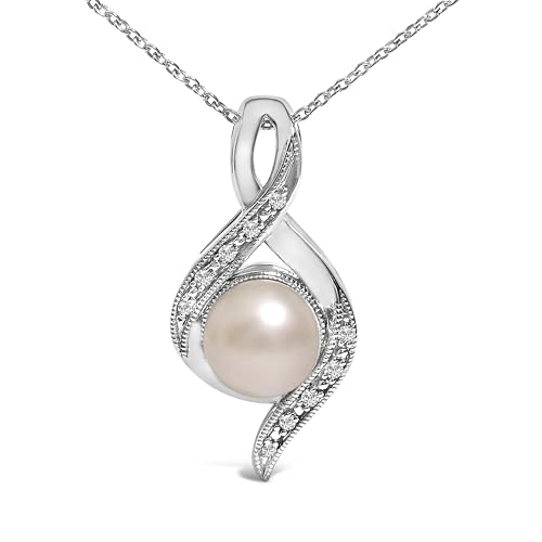 Sterling Silver 7mm Cultured Pearl and Diamond Accent Swirl Pendant Necklace