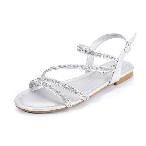 IDIFU Rhinestone Strappy Sandals for Women Dressy Summer Glitter Flat Sandals with Back Strap Open Toe Slingback Ankle Strap Sandals Wedding Bridal Prom Sparkly Bling Comfortable Cute Dress Sandals