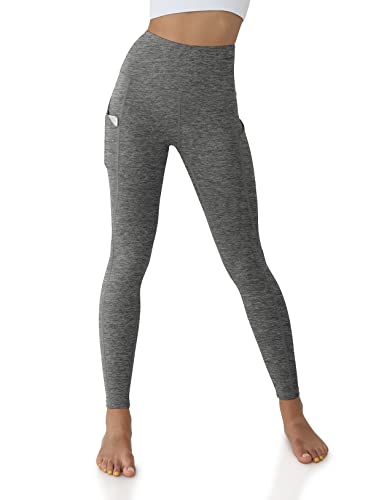 ODODOS Women's High Waisted Yoga Leggings with Pocket, Workout Sports Running Athletic Leggings with Pocket, Full-Length, CharcoalHeather,X-Small