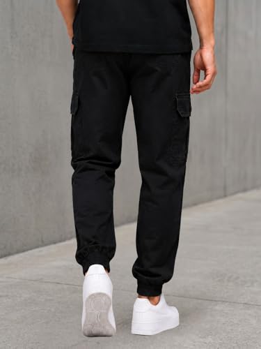 Image of Men's Cotton Cargo Pants | Cargo Trousers with Flap Buttoned Pocket | Elastic Waist Drawstring Casual Cargo Pants | Regular Fit Outdoor Travel Streetwear Bottom Wear