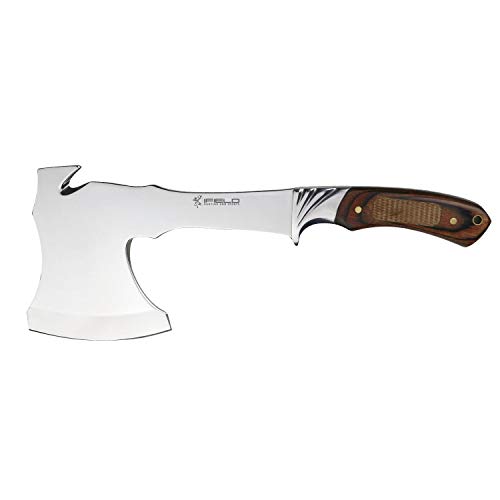 iFIELD Hacha Deportiva Camper EL29001, Hoja de Acero INOX de 9,5 cms, Total 29,5 cm, con Funda de Piel, Mango Stamina Decorada CNC, Herramienta de Camping para Pesca, Caza, Actividad Deportiva