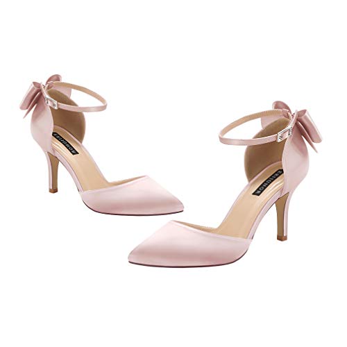 Image of ERIJUNOR Wedding Evening Party Shoes Comfortable Mid Heels Pumps with Bow Knot Ankle Strap Wide Width Satin Shoes