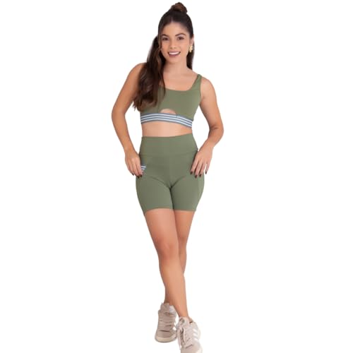 Conjunto Fitness Feminino Erika – Top + Bermuda Suplex Poliamida Geladinho (MILITAR, M)
