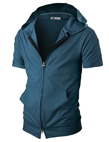 Ohoo Mens Comfortable Zip Up Hoodie Short Sleeve Lightweight Thin 100% Cotton Double Slide Zipper Jacket
