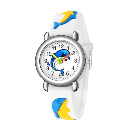 LIWEARE Montre pour enfant - Montre pour enfant - 3D - Chiffres faciles à lire - Motif dauphin mignon pour garçons et filles, Blanc., lanière