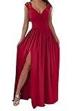 Dokotoo Womens Ladies Elegant Floor Length A Line Wrap Deep V Neck Backless Ruched Pleated Ruffled Split Long Maxi Formal Evening Party Prom Dress Bridesmaid Wedding Guest Dresses for Women Wine M