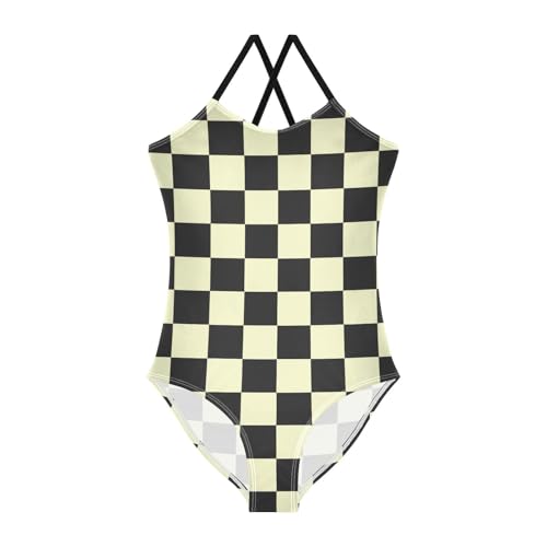 Image of Black and White Chess Girls One Piece Swimsuits Board Marble Tile Sport Halter Swimwear Beach Bathing Suit 3T