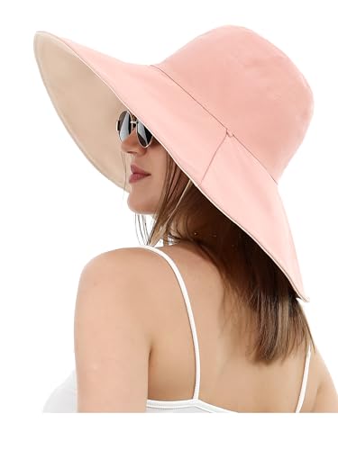 Women Cotton Fishing Bucket Hat Reversible Ultra Wide Brim Sun Hat Beach Foldable UV Protection Summer Travel UPF 50+(One Size,Pink)