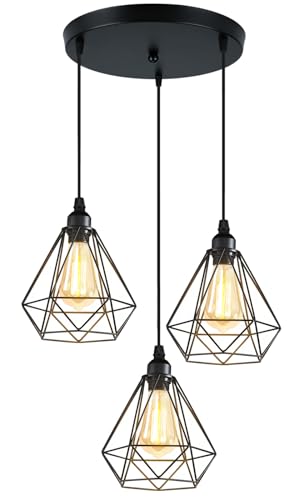 PETITES ECREVISSES 3 Luces Lampara Colgante E27 Vintage Industrial Lámpara de Techo Colgante Negro Retro Iluminación 20cm Para Cocina Comedor Sala de estar (20cm- con base redonda)