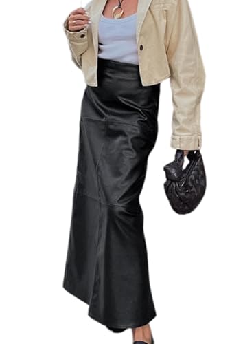 ksotutm Women's Leather Skirt Fall Black Faux Leather Skirt A-Line